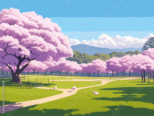 Paisaje primaveral con árboles de cerezo en flor y un cielo azul despejado con nubes blancas.