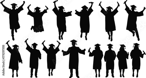 Graduation students silhouette jumping with diplomas, joyful celebration of success, academic achievement, university ceremony, education vector illustration, teamwork happiness concept