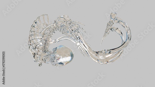 A human skeleton made of glass or crystal bends in the shape of an infinity sign, soft and plastic like jelly. Visual absurdity, surrealism and a combination of incongruous contrasts, 3D visualization
