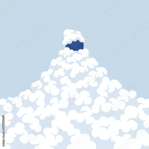 Abstract cloud formation with a dark rectangular opening revealing a blue sky