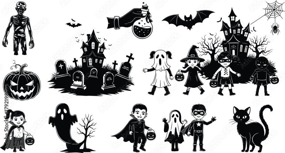 Naklejka premium Halloween graveyard scene, spooky zombie illustration, haunted house vector, trick or treat kids, bats and ghosts, cad drawing flat vector illustration
