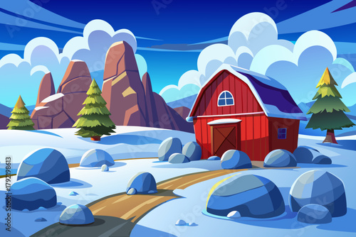 Classic red barn standing alone in vast snow covered farmland under blue sky wallpaper background