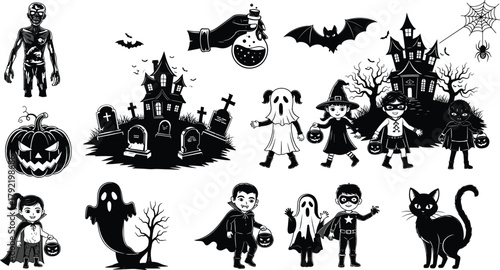 Halloween graveyard scene, spooky zombie illustration, haunted house vector, trick or treat kids, bats and ghosts, cad drawing flat vector illustration