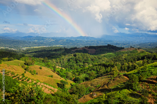 Colorful rainbow in the sky with cloudy, Vivid rainbow