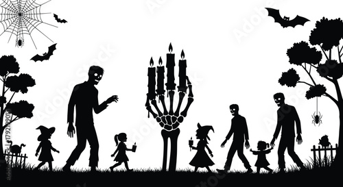 Halloween silhouette scene, spooky zombie illustration, trick or treat kids, haunted forest design, bats and spiders, cad drawing flat vector illustration