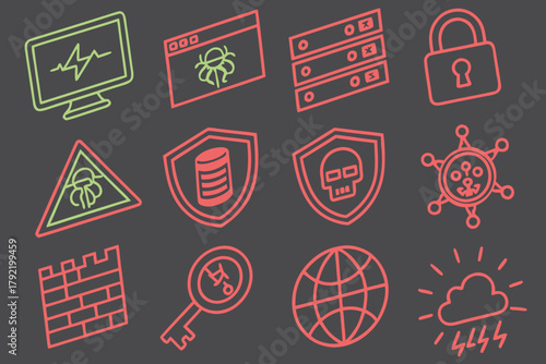 Cybersecurity icons: computer, bug, server, lock, shield, skull, virus, key, globe.