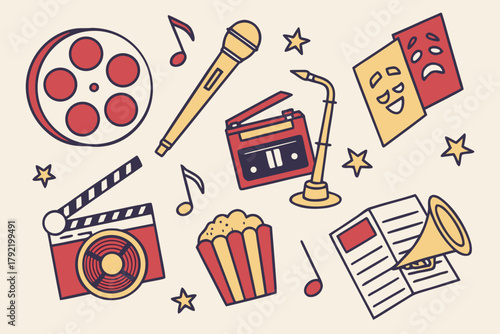 This image depicts a collection of entertainment and media icons, including film, music, and theater elements.