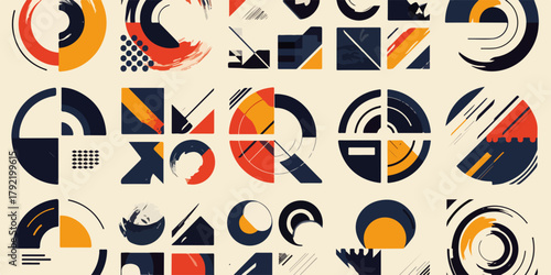 Patrón abstracto vectorial con formas geométricas y líneas en colores tierra y azul marino.