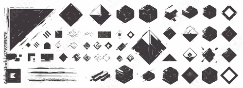 Colección de elementos gráficos abstractos y formas geométricas en blanco y negro con textura grunge.