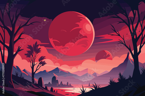 Crimson Planetscape A Surreal Sci-Fi Landscape with Red Celestial Bodies and Silhouetted Trees
