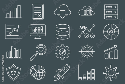 A collection of 20 white line icons representing various business and technology concepts on a dark gray background.