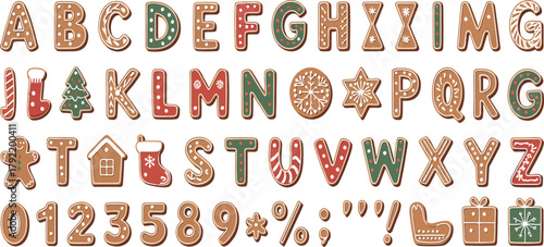 gingerbread holidays cookies alphabet font, cute vector cartoon illustration, perfect for Christmas typography, festive decoration, bakery logo, holiday cards, and winter celebration design projects.