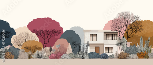 Casa moderna rodeada de árboles estilizados y arbustos en una paleta de colores otoñales.