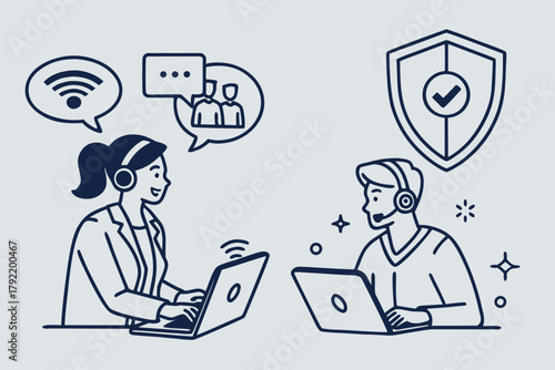 Two people in headsets working on laptops, one with Wi-Fi and chat bubbles, the other with a security shield icon.