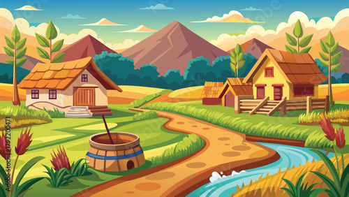 Cartoon farming village unique scene vector illustration ai generated