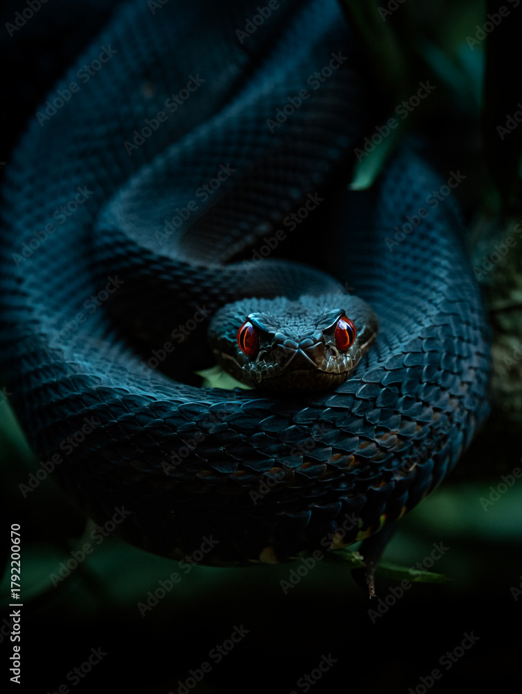 Obraz premium Venomous snake with vibrant red eyes coiled in a shadowy natural environment portrait