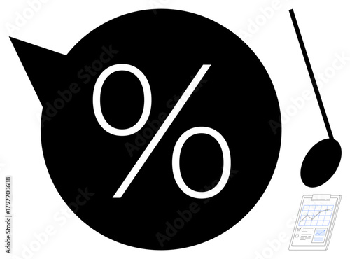 Bold percent symbol with speech bubble, spoon, and graph clipboard conveys pricing, finance, analytics, and market strategies. Ideal for economy, budgeting, evaluation strategy retail planning