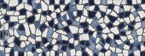 Patrón de mosaico abstracto con teselas irregulares en tonos azules y blancos.