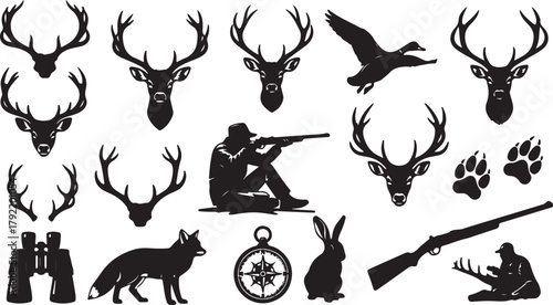 Hunting and Wildlife Silhouette Collection: Deer, Fox, Rabbit, Duck, Hunter, Rifle