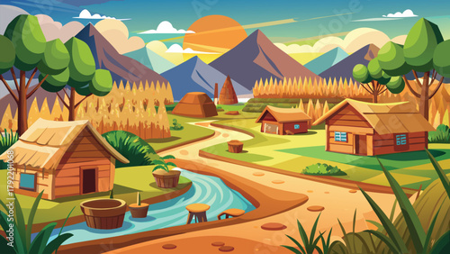 Vibrant rural village landscape at sunset vector illustration ai generated