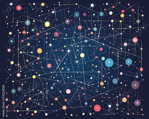 Fondo abstracto de constelación de puntos de colores conectados por líneas, diseño vectorial de red.