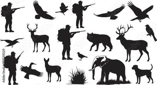 Silhouette Collection of Hunters and Wildlife Animals