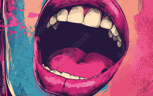 Primer plano de boca abierta gritando con labios rosados vibrantes y dientes blancos, estilo pop art.