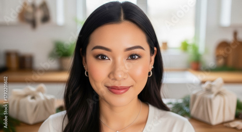 Wallpaper Mural Smiling Asian woman with natural makeup presenting gifts wrapped in kraft paper in a bright, cozy kitchen setting. Torontodigital.ca
