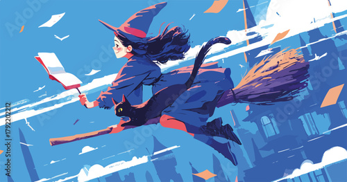 Bruja joven con gato negro volando en escoba sobre ciudad, leyendo libro con estilo vector