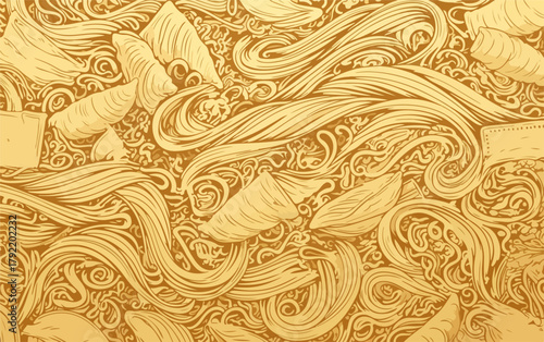 Patrón de fideos dorados y conchas marinas en un diseño intrincado y orgánico, arte vectorial detallado.