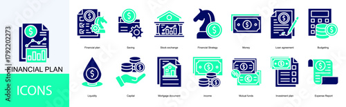 financial plan icon collection set. Containing Saving, Stock exchange, Financial Strategy, Money, Loan agreement, Budgeting, Liquidity, Capital icon