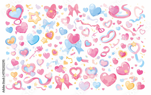 Colección de corazones vectoriales y elementos de fantasía en acuarela, rosa y azul pastel.