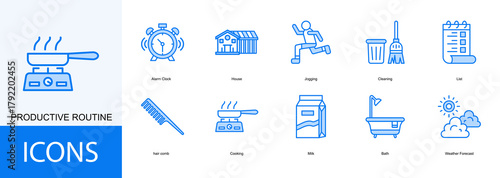 productive routine icon collection set. Containing Alarm Clock, House, Jogging, Cleaning, List icon