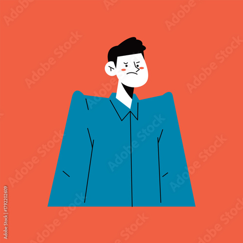 Displeased Young Man in Blue Shirt with Frowning Expression Negative emotions Male upper body.