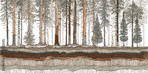 Corte transversal de un bosque con capas de suelo detalladas y árboles en invierno.