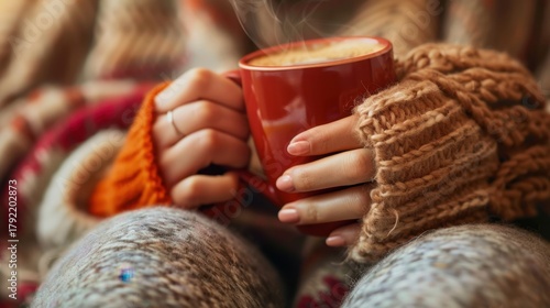 Hands of a person wearing knitted brown and orange sweaters holding a red mug with a hot beverage, sitting on a knitted blanket.