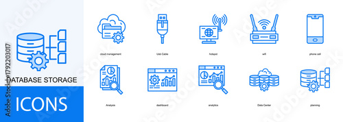 database storage icon collection set. Containing cloud management, Usb Cable, hotspot, wifi, phone cell, Analysis icon