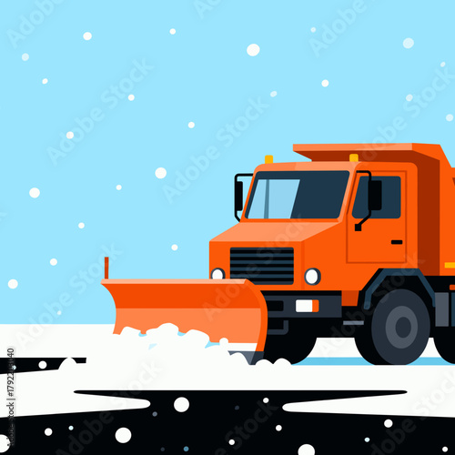 Orange snow plow truck clearing snow on a winter road  