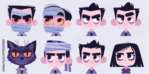 Colección de personajes vectoriales con vendajes y un gato negro, estilo caricaturesco
