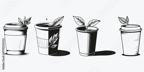 paper coffee cup with leaf sketch illustration vector set