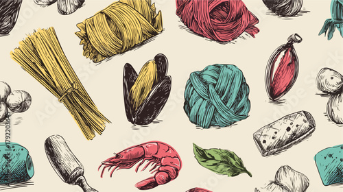 Patrón vectorial de ingredientes de pasta, mariscos y queso, dibujados a mano con estilo vintage.