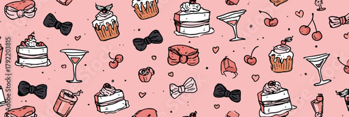 Patrón vectorial de postres, cócteles y lazos en rosa, ideal para celebraciones y diseño gráfico.