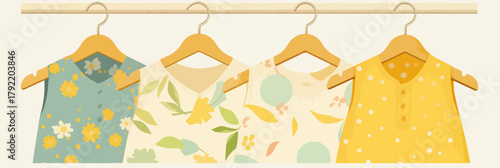 Ilustración vectorial de vestidos de verano para niñas con estampados florales y botánicos colgando en perchas.