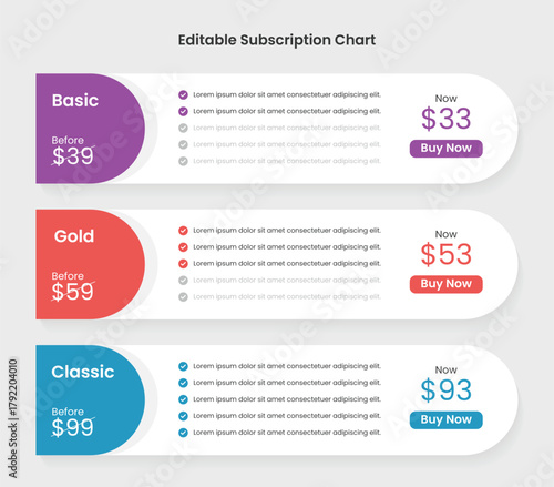 Subscription plans pricing comparison table infographic template: business price chart template, Web banner checklist template design. Design a price list comparison table.