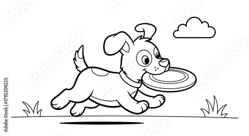 Playful puppy running with frisbee in a grassy field - Concept of coloring page for kids  