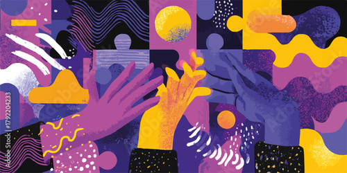 Manos unidas ensamblando piezas de rompecabezas en un diseño abstracto y colorido.