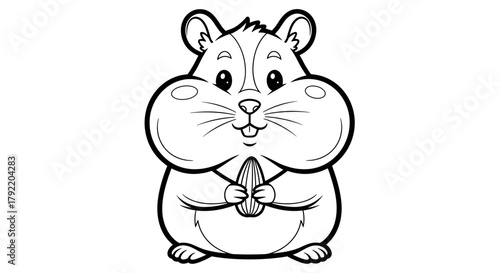 Cute cartoon hamster holding a nut in a coloring page for kids  