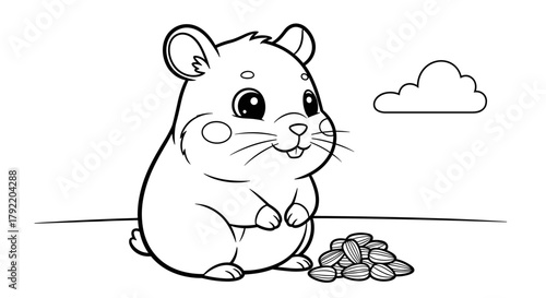 Cute hamster sitting beside pile of seeds in coloring page for kids  