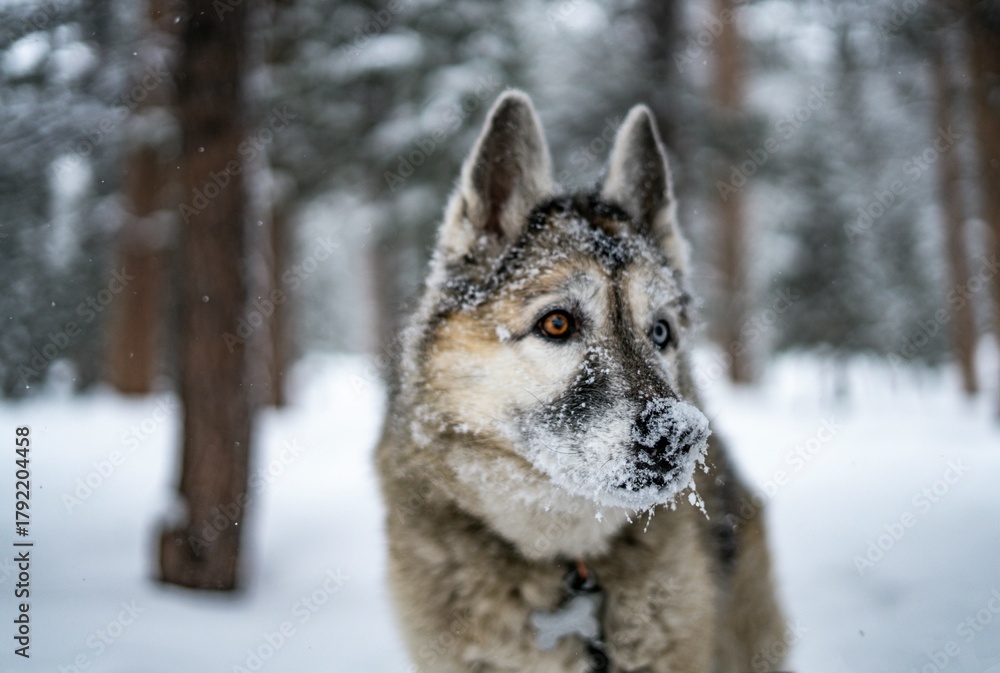 Naklejka premium Close-up of a majestic Siberian Husky dog with snow-covered face standing in a snowy forest during winter