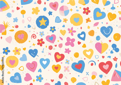 Patrón vectorial de corazones y flores coloridos en estilo infantil, diseño divertido y alegre para fondos.